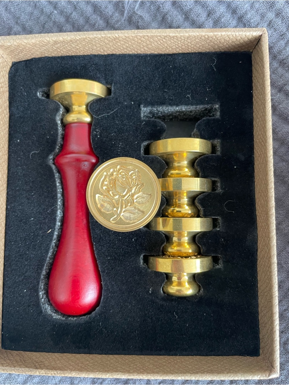 Gold and Red Wax Seal Stamp Set with Rose Emblem